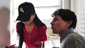 Asian Delivery Girl Stucked And Fucked By 2 White Studs